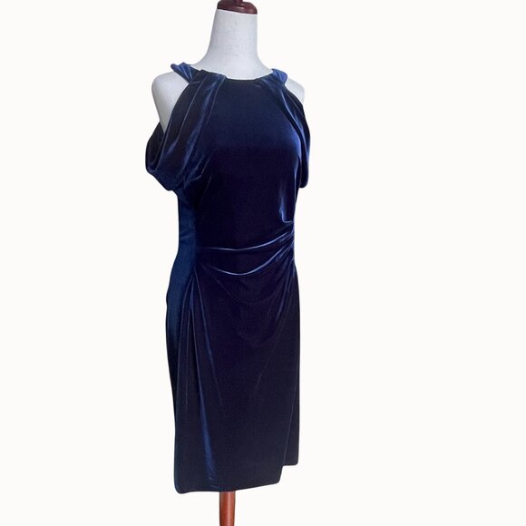 Ralph Lauren Blue Stretch Velvet Off Shoulder Midi Sheath Cocktail Dress Size 8 - Picture 6 of 11